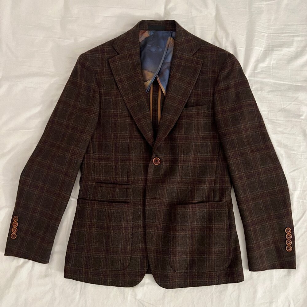 Brown Plaid Sport Coat Tallia Men 36s Slim Fit Wool Blend